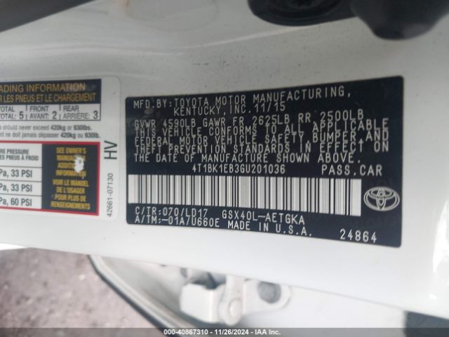 4T1BK1EB3GU201036 Toyota AVALON XLE