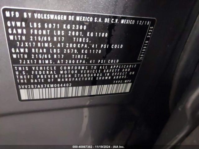 3VV2B7AX7KM064402 Volkswagen Tiguan 2.0t Se/2.0t Sel/2.0t Sel R-line/2.0t Sel R-line Black