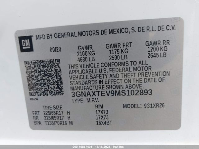 3GNAXTEV9MS102893 Chevrolet Equinox Awd 2fl