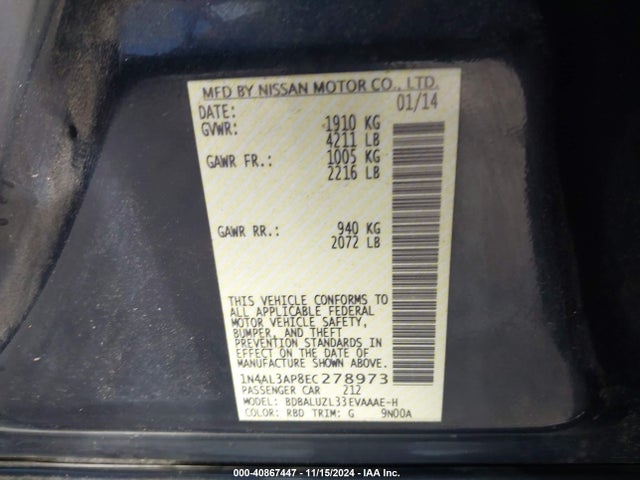Nissan Altima 2.5 Sv 2014 1N4AL3AP8EC278973 Image 9