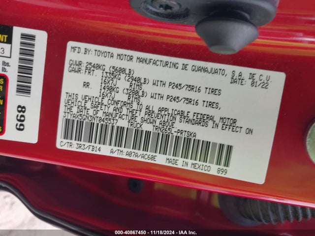 Toyota Tacoma Sr 2022 3TYAX5GN3NT045537 Image 9