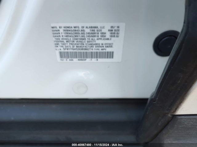 Honda Pilot Ex-l 2016 5FNYF6H53GB086274 Image 9