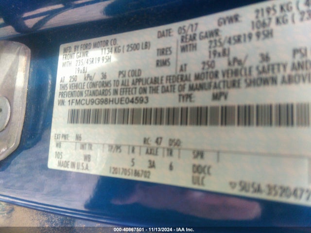 Ford ESCAPE SE 2017 1FMCU9G98HUE04593 Image 9
