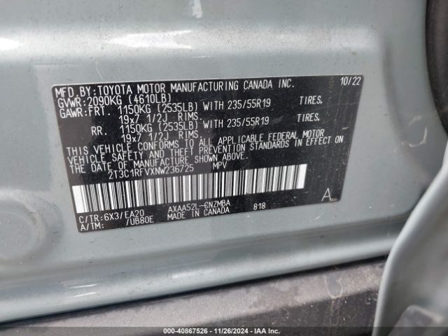 2T3C1RFVXNW236725 Toyota Rav4 Xle Premium