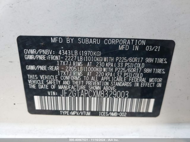 JF2GTAPCXM8329003 Subaru Crosstrek Premium