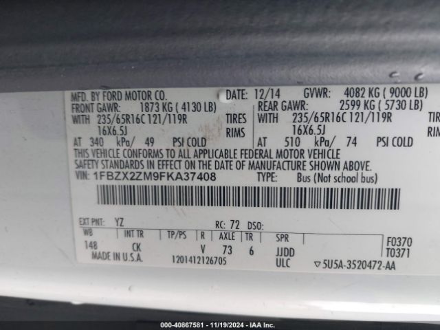 1FBZX2ZM9FKA37408 Ford Transit-350 Xlt