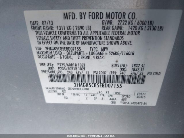 2FMGK5C85EBD07155 Ford FLEX SEL