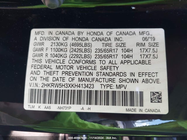 Honda CR-V LX 2019 2HKRW5H3XKH413423 Image 9