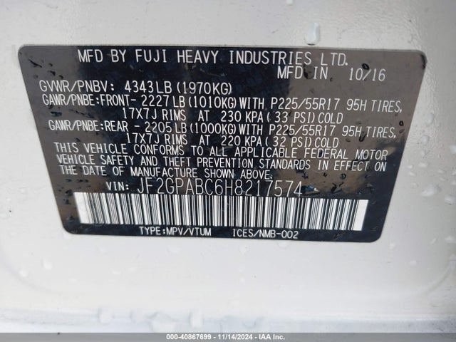 Subaru Crosstrek 2.0i Premium 2017 JF2GPABC6H8217574 Image 9