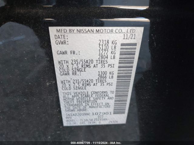 5N1AZ2DJ9NC107901 Nissan Murano Platinum Fwd