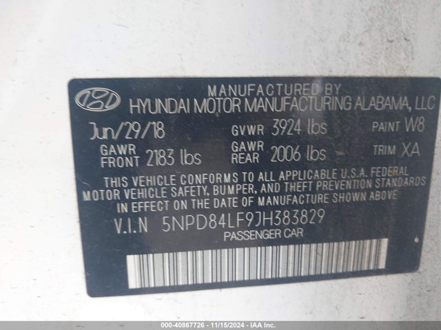 5NPD84LF9JH383829 Hyundai ELANTRA SEL