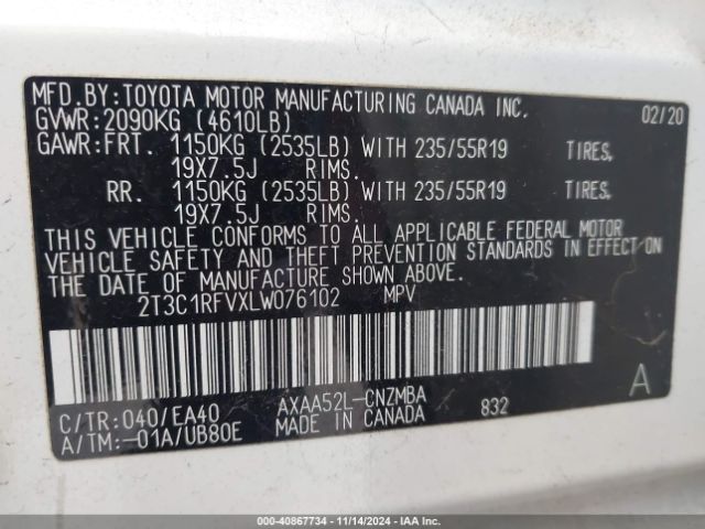 2T3C1RFVXLW076102 Toyota Rav4 Xle Premium