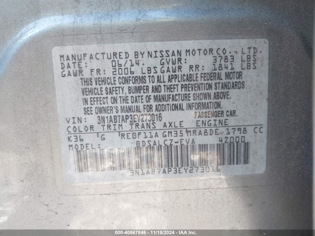 Nissan SENTRA S 2014 3N1AB7AP3EY273016 Image 9