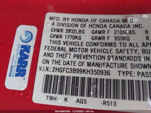 2HGFC3B99KH350936 Honda Civic Touring