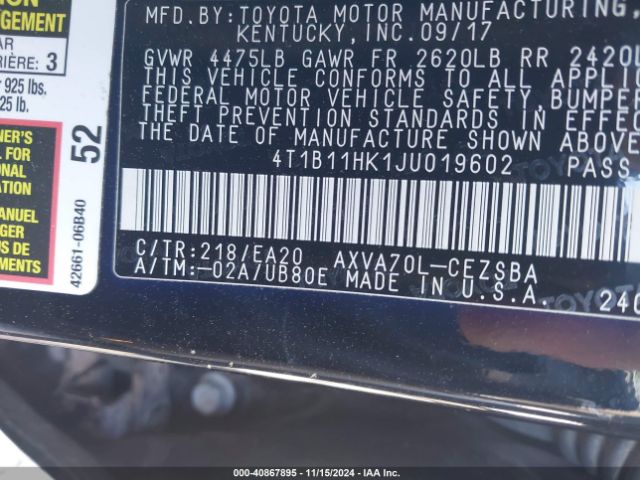 4T1B11HK1JU019602 Toyota CAMRY SE