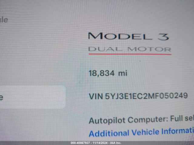 5YJ3E1EC2MF050249 Tesla Model 3 Performance Dual Motor All-wheel Drive