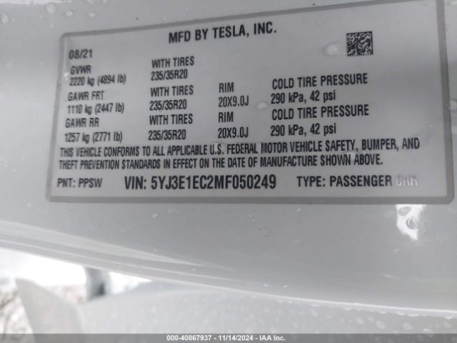 5YJ3E1EC2MF050249 Tesla Model 3 Performance Dual Motor All-wheel Drive