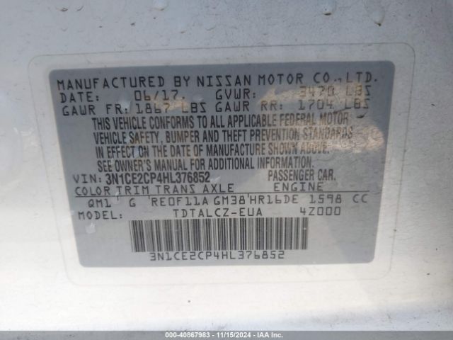 3N1CE2CP4HL376852 Nissan Versa Note S Plus