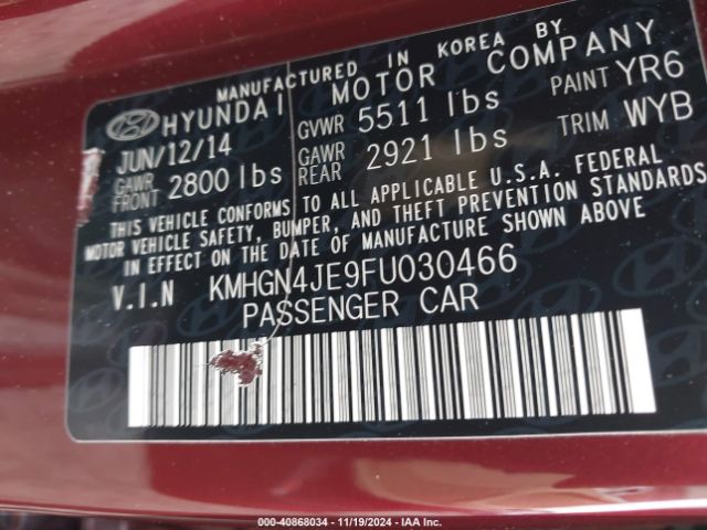 KMHGN4JE9FU030466 Hyundai Genesis 3.8