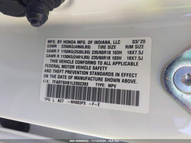 7FART6H81LE002393 Honda Cr-v Hybrid Ex-l