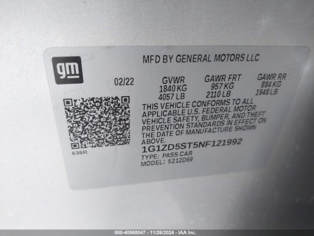 1G1ZD5ST5NF121992 Chevrolet Malibu Fwd Lt