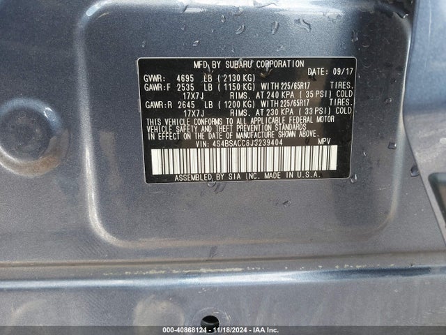 Subaru Outback 2.5i Premium 2018 4S4BSACC8J3239404 Image 9