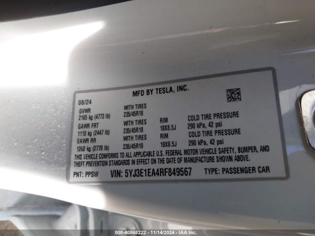 5YJ3E1EA4RF849567 Tesla Model 3 Rear-wheel Drive