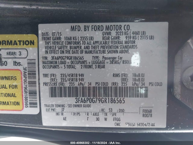 Ford FUSION S 2016 3FA6P0G79GR186565 Image 9