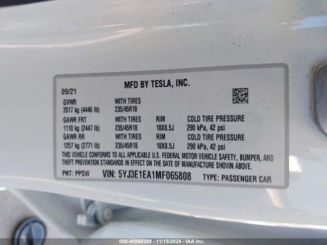 5YJ3E1EA1MF065808 Tesla Model 3 Standard Range Plus Rear-wheel Drive