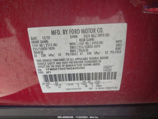 Ford EXPLORER XLT 2022 1FMSK7DH7NGA00292 Image 9