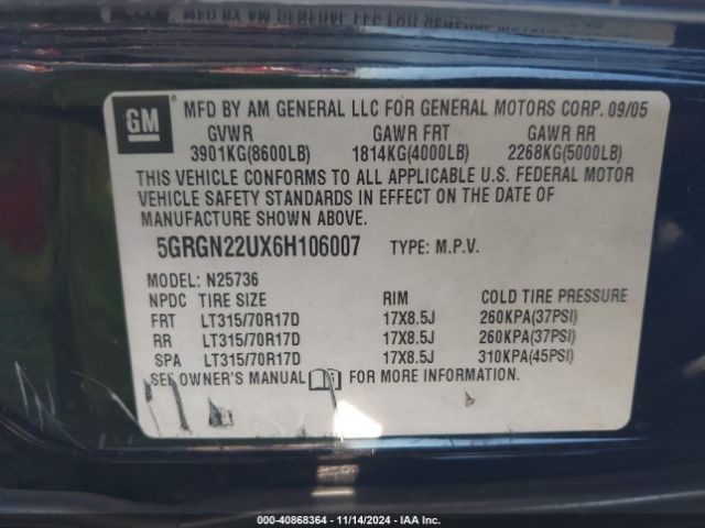 2006 HUMMER H2 SUT 5GRGN22UX6H106007 Photo 8