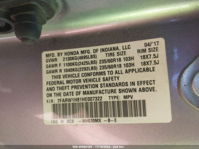 7FARW1H81HE007322 Honda Cr-v Ex-l/ex-l Navi