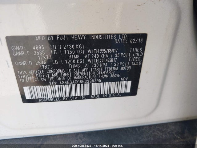 Subaru Outback 2.5i Premium 2016 4S4BSACC8G3298395 Image 9