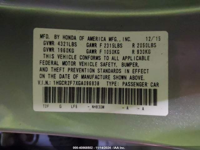 Honda ACCORD EX 2016 1HGCR2F7XGA096938 Image 9