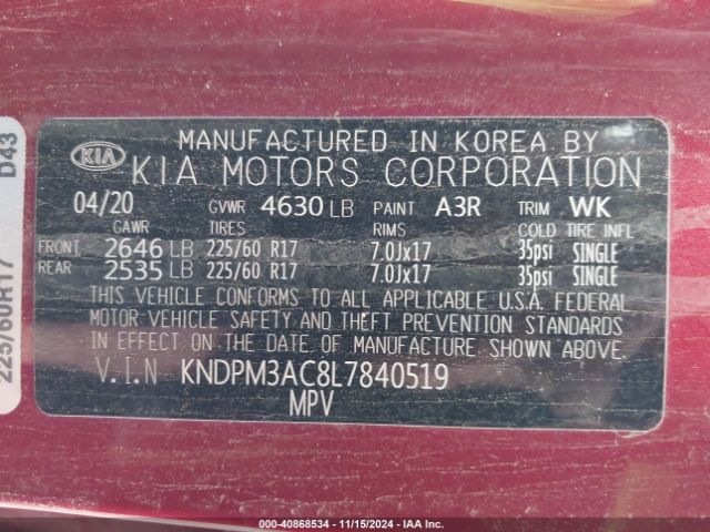 KNDPM3AC8L7840519 KIA Sportage Lx