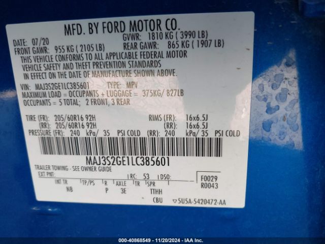 MAJ3S2GE1LC385601 Ford Ecosport Se