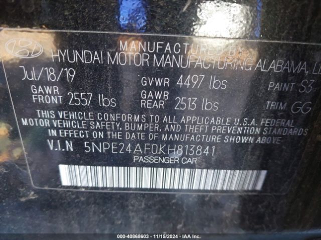 5NPE24AF0KH813841 Hyundai SONATA SE