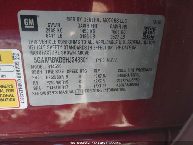 5GAKRBKD8HJ243301 Buick Enclave Leather