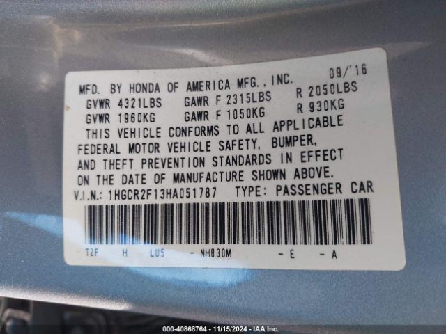 1HGCR2F13HA051787 Honda Accord Sport Se