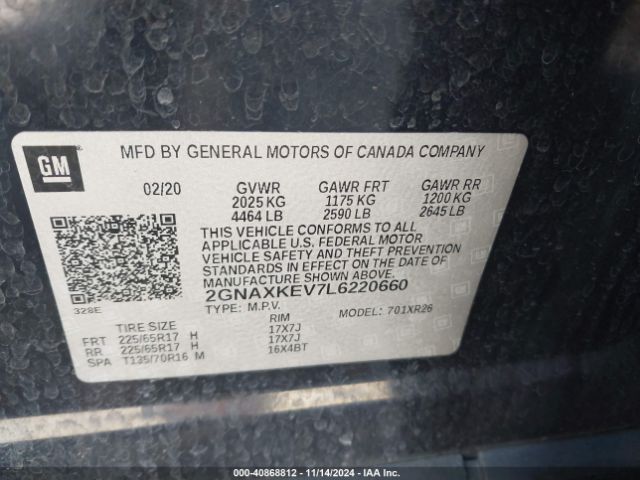 2GNAXKEV7L6220660 Chevrolet Equinox Fwd Lt 1.5l Turbo