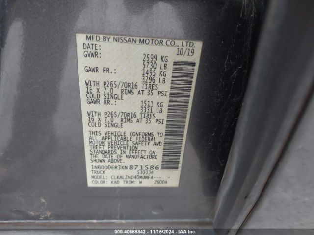 1N6DD0ER3KN871586 Nissan Frontier Sv