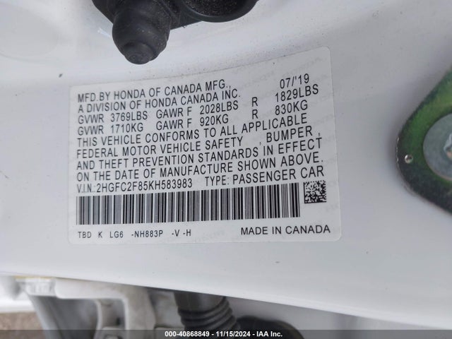 Honda Civic Sport 2019 2HGFC2F85KH583983 Image 9