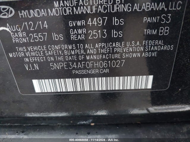 Hyundai Sonata Limited 2015 5NPE34AF0FH061027 Image 9