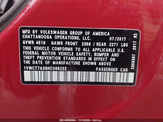 1VWCT7A38HC085232 Volkswagen Passat 1.8t Sel Premium