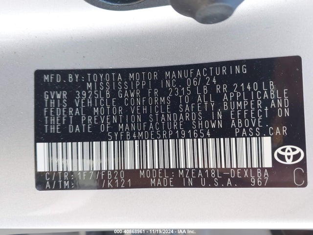 Toyota COROLLA LE 2024 5YFB4MDE5RP191654 Image 9