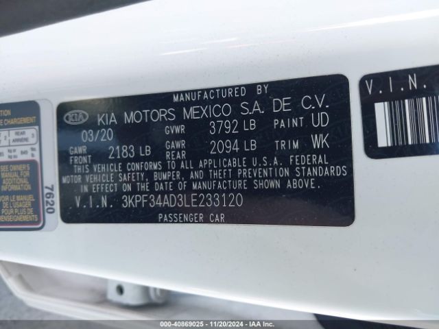 3KPF34AD3LE233120 KIA Forte Gt-line