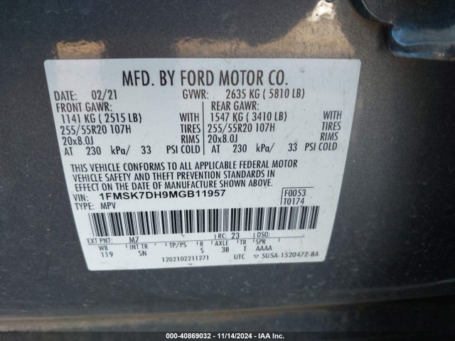 Ford EXPLORER XLT 2021 1FMSK7DH9MGB11957 Image 9