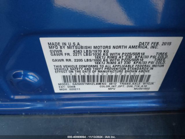 4A4AR3AW4FE024613 Mitsubishi Outlander Sport Es
