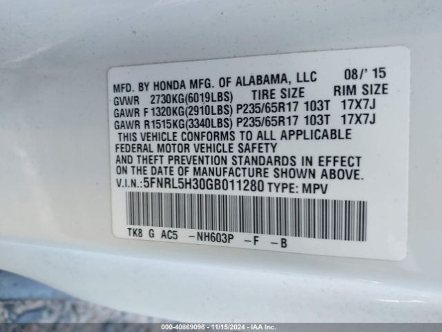 5FNRL5H30GB011280 Honda ODYSSEY SE