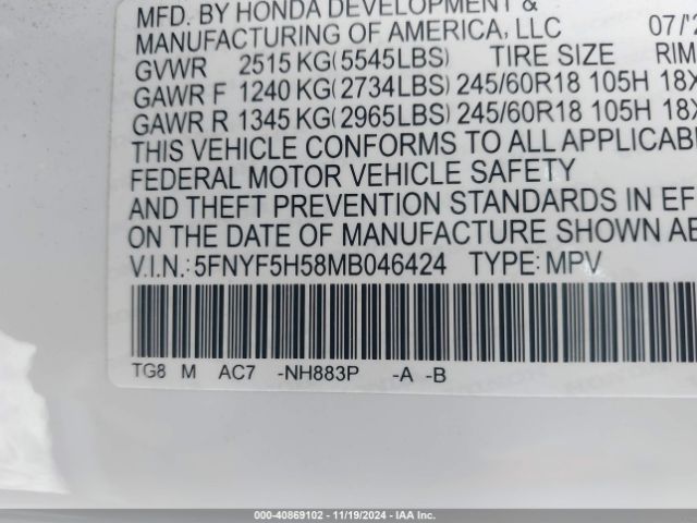 5FNYF5H58MB046424 Honda Pilot 2wd Ex-l